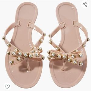 Womens Nude Gold Pearl Flip Flop Bow Sandals Size 9